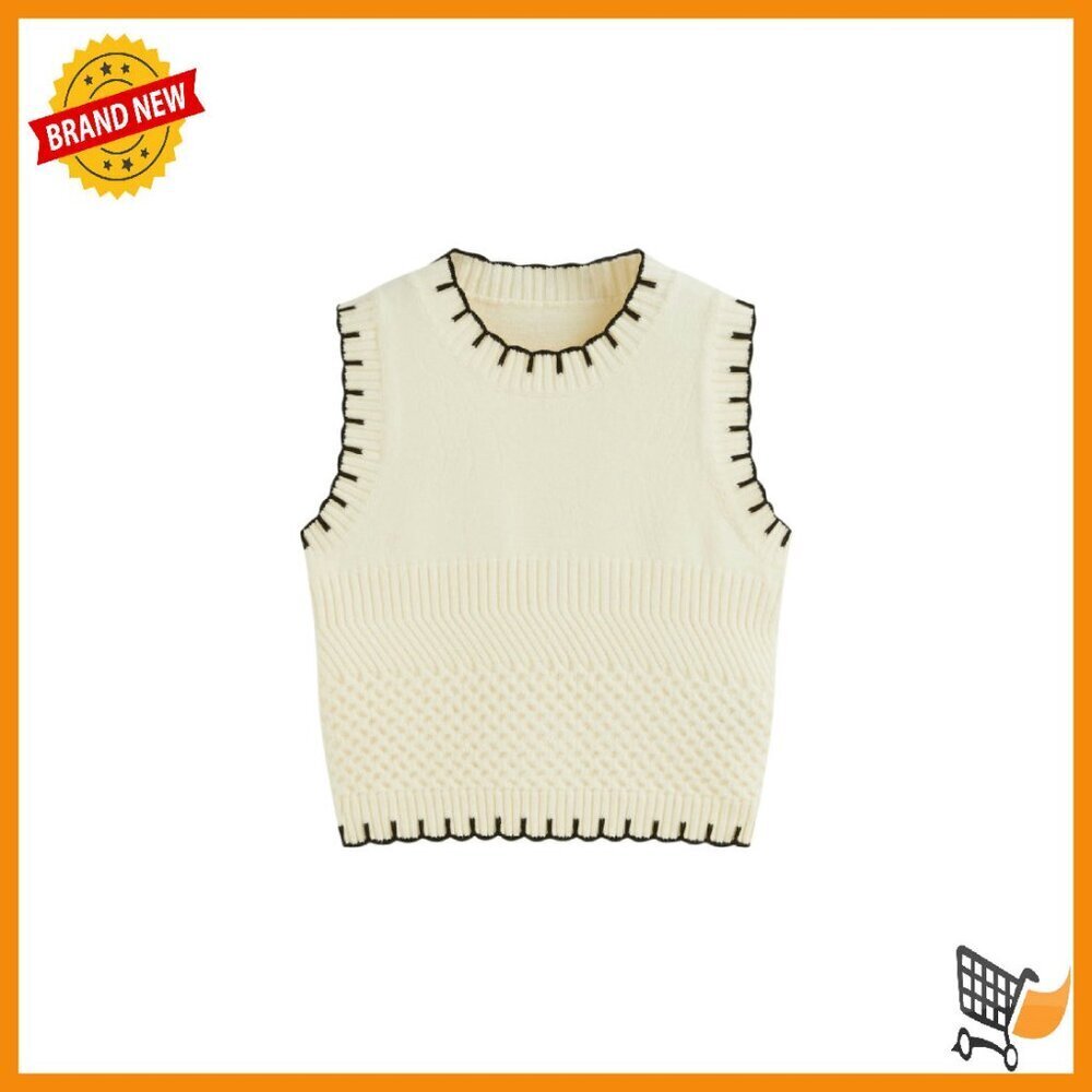 Cropped Sweater Vest Sleeveless Crew Neck Knit Tank Top Women's